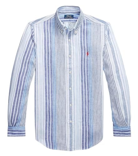 Image of POLO RALPH LAUREN Classic Fit Striped Linen Shirt (UK, Alpha, M, Regular, Regular, Blue Stripe)