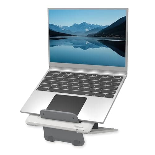 Image of Fellowes Breyta™ Adjustable Laptop Stand - 97% Recycled Content, 100% Recyclable - Home and Office - Portable Desk Stand with 12 Height Adjustments - Max Monitor Size 15.6", Max Weight 4kg - White