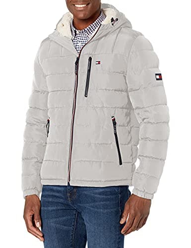 Image of Tommy Hilfiger Men's Midweight Sherpa Lined Hooded Water Resistant Puffer Jacket, Ice Tech, M