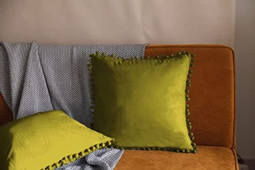 Image of Pagnanno. Set of 2 Soft Velvet Cushion Covers 45x45cm(18x18 Inches) Pom Throw Pillowcases Square Cushion Covers for Chairs,living and bedroom with Invisible Zipper (18"x18" (Pack of 2), Olive Green)