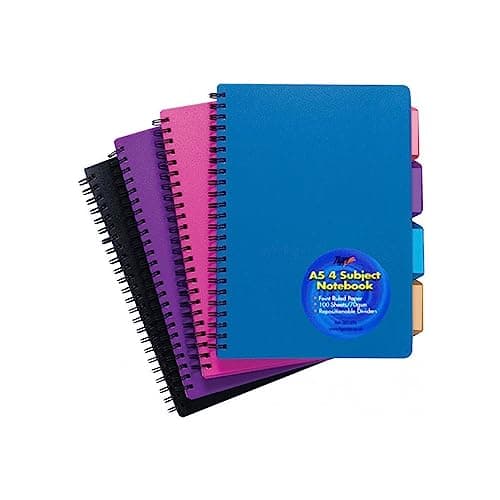 Image of A5 Wirebound Project Notebook with 3 Moveable Internal Dividers – 100 Sheets = 200 Pages – Ruled – Size 210 mm x 148 mm – Available in Pink, Blue, Black, Purple by Tiger