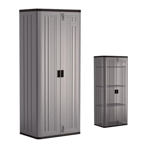 Image of Suncast ® BMC7200 Tall Plastic Garden & Garage Storage Utility Shed Cabinet With Metal Shelving (19 cubic ft Capacity)