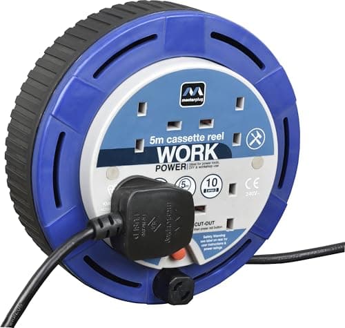 Image of Masterplug Four Socket, 5 Metre Cassette Reel, Small Extension Lead Cable Reel, Wind-Up Retractable Power Cord Reel, Thermal Cut Out, Work Power, Blue/Black, 10A, 4G, 5m, SCT0510/4BL