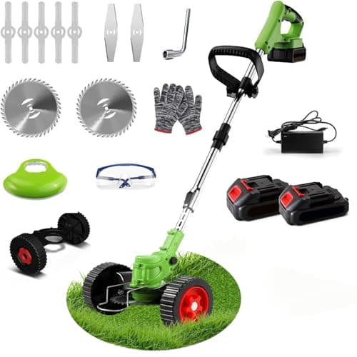 Image of Cordless Garden Strimmers,Electric Cordless 21v Grass Strimmer with 2 X 2000mAh Battery, Adjustable Metal Blades,Garden Trimmer Telescopic Lightweight with Roller for Gardens,Park Lawns (Green)