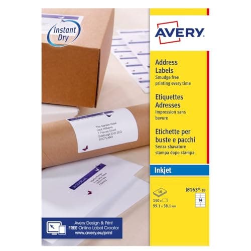 Image of Avery Smudge Free, Printable, Address Labels, Quick Dry, 99.1 x 38.1 mm, White, 14 Labels per Sheet, 140 Blank Labels per Pack (J8163-10)