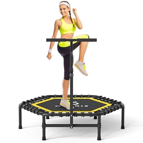 Image of CLORIS 45'' Foldable Fitness Trampoline - Max Load 450lbs, Rebounder with Adjustable Foam Handle Indoor/Outdoor Fitness Body Exercise (45'' Yellow)