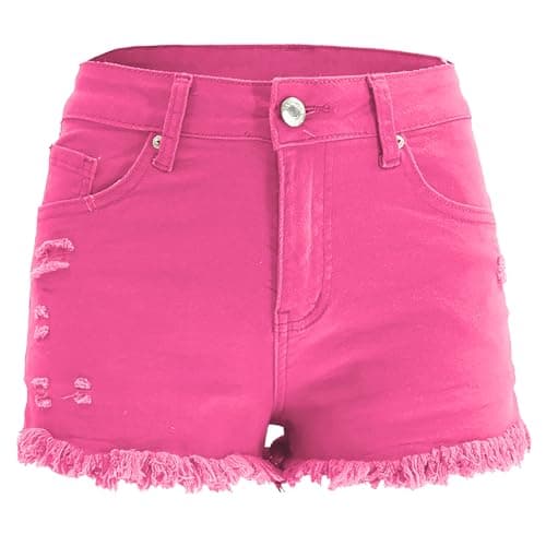 Image of DINGJIUYAN Women's High-Waisted Denim Shorts with Studded, Stretchy Slim-Fit Pink Jeans Shorts for Party & Daily Wear