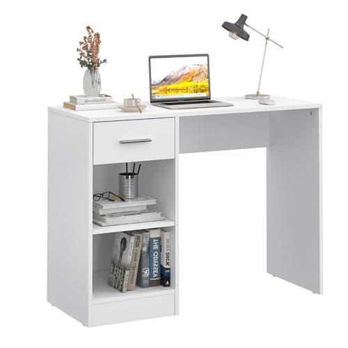 Image of Panana 1 Drawer Wooden Computer Desk Work Table Home Office PC Desk Dressing Table with Shelves for Bedroom, 100cm x 40cm (White)