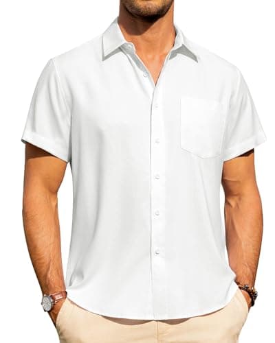 Image of J.VER Men White Shirts Short Sleeve Linen Non Iron Casual Summer Beach Holiday Button Down Shirt M