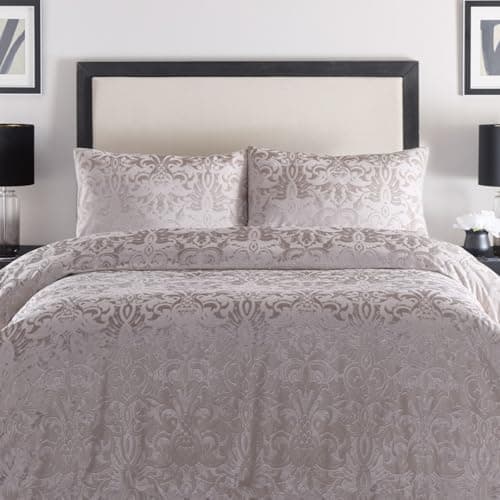 Image of Laurence Llewelyn-Bowen - Linen Embossed Damask Duvet Cover - King Bedding Size (230 x 220cm) - 2 Pillowcases - Cream Linen Velvet Damask Bedding - Luxury Bedding Set - Jacquard Duvet Set