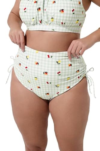 Image of Yours Limited Collection Curve Green Gingham Fruit Print Super High Waist Bikini Brief - Women's - Plus Size Curve