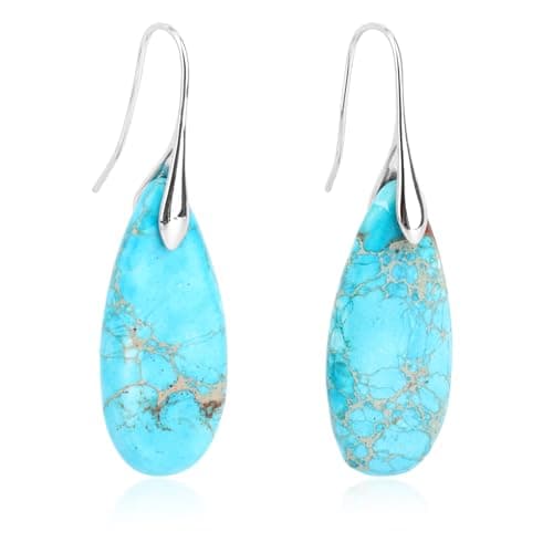 Image of Natural Stone Earrings, Bohemian Fish Hook Dangle Drop Earrings Trendy Lightweight Waterdrop Statement Boho Stone Dangly Jewelry for Women Birthday Gift (Turquoise Blue, Silver)