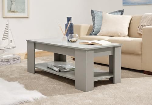Image of GFW Lift Up Coffee Table With Hidden Storage For Living Room. Modern Wooden Lift Top Coffee Tables With Display Shelf & Storage Compartment For Media & Accessories, Grey, H39.5cm x W105cm x D50cm