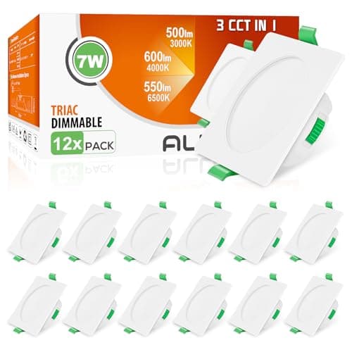 Image of ALUSSO Square LED Downlights Dimmable 7W IP44 Slim Recessed Ceiling Lights, 3CCT 3000K Warm 4000K Neutral 6500K Cool Adjustable Bathroom Spotlights, White, 12 Pack