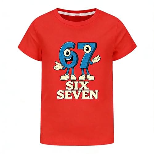 Image of SharkBebe Boys' Short Sleeve T-Shirt Meme with Cartoon Number 67 Six Seven Cotton Graphic Sports Top Tee Ages 4-13 Years (UK, Age, 7 Years, 8 Years, Regular, Red)