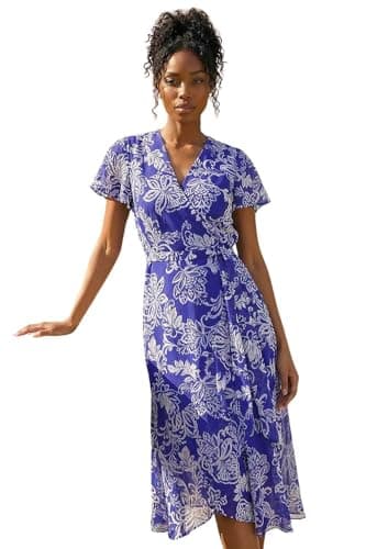 Image of Roman Frill Dress for Women UK Ladies Summer Wrap Chiffon Frill Hem Layered Belted Midi Maxi Tiered Cape Special Occasion Fit & Flare Wedding Guest Swing Skater - Floral Cobalt - Size 16