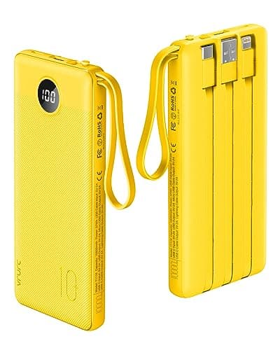 Image of VRURC 10000mAh Power Bank With Built in Cables,USB C Battery Pack Portable Charger with 5 Outputs 2 Inputs Powerbank LED Display compatible with iPhone 14 13 12 Samsung S21 S20 Xiaomi iPad