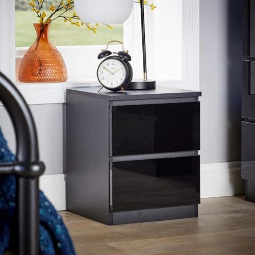 Image of Home Source Bedside Nightstand, High Gloss Finish Bedroom Cabinet, Side Chest Lamp Table, 2 Drawer, Black