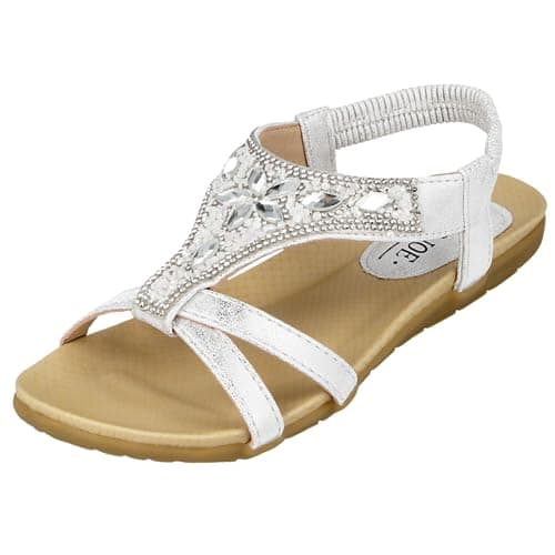 Image of Jo & Joe Ladies Faux Leather Peep Open Toe Sling Back T-Bar Dimante Flat Flip Flop Sandals Size 3-8 (UK 7, Silver)