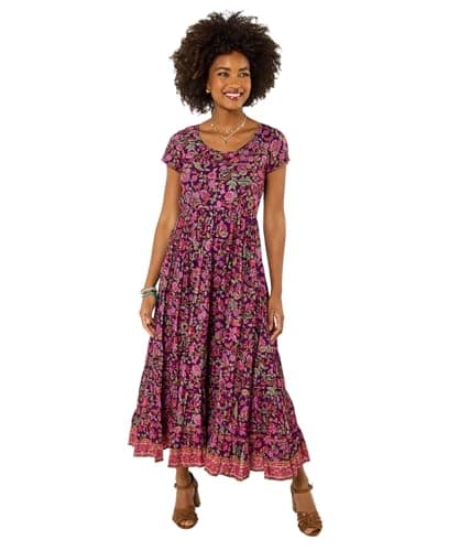 Image of Joe Browns Women's Border Print Cotton Midi Dress, Regular, Purple, UK 12 (Petite)
