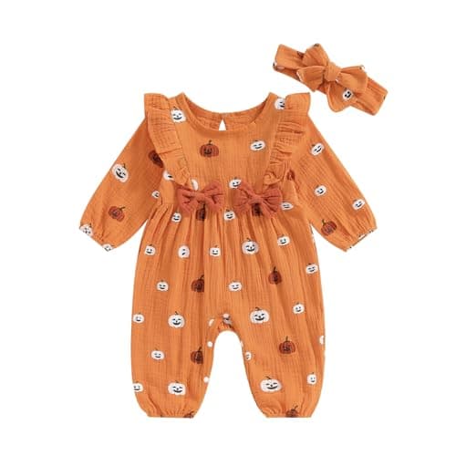 Image of My First Halloween Baby Girl Outfit Cute Pumpkin Print Long Puff Sleeve One Piece Halloween Baby Clothes with Headband (Orange, 3-6 Months)