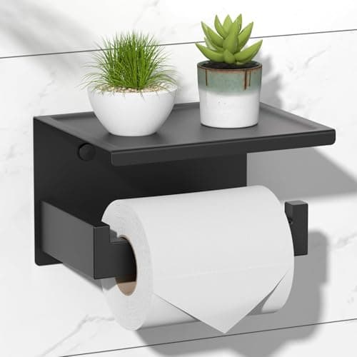 Image of HITSLAM Matte Black Toilet Roll Holder with Phone Shelf, Stick on Toilet Paper Holder for Bathroom, SUS 304 Stainless Steel, Two Installation of Self-Adhesive and Wall Mounted