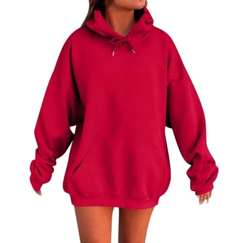 Image of Zip Hoodie Womens Hoodies Oversized Ladies Casual Pullover Tops Long Sleeve Solid Color Hoodie Autumn Winter Sweatshirts with Pockets Womens Sweatshirts Uk Red