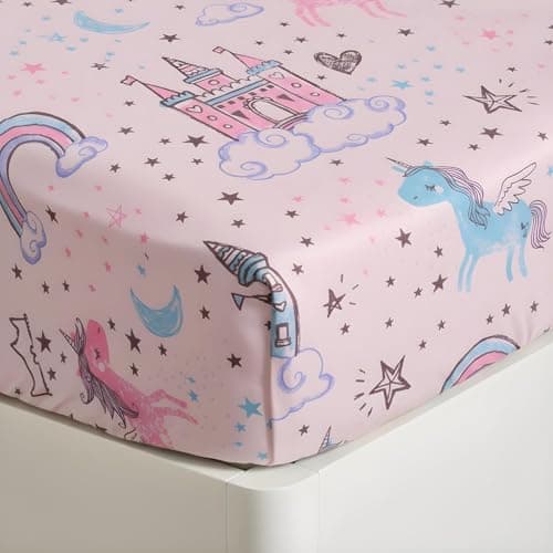 Image of OHS Kids Bedroom Unicorn Kingdom Single Fitted Sheet Pink, Easy Care Soft Microfibre Fabric Deep Pocket 25cm Girls Bedding Bed Cover Shrinkage and Fade Resistant Kids Fitted Sheet, 90 x 190cm