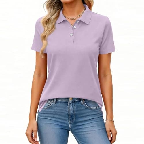 Image of Women's Polos Short Sleeved for Women Summer Business Casual Cool LAPE s Solid Buttons Cotton Fitted Polo for Women Light Purple XL