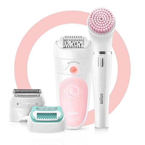 Image of Braun Silk-épil 5 Beauty Set, 4-in-1 SensoSmart Epilator for Women For Hair Removal, With Lady Shaver & Trimmer Head, Facial Cleansing Brush, UK 2 Pin Plug, 5-875, White/Pink