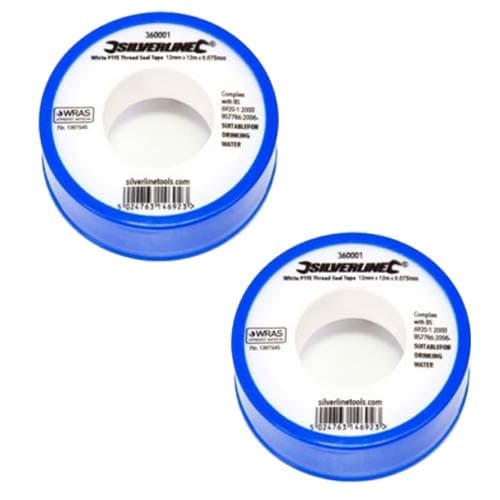 Image of Silverline White PTFE Sealant Tape Threaded Thread Seal Tape Fitting Water Plumbing Tape 12mm x 12m 2 Rolls