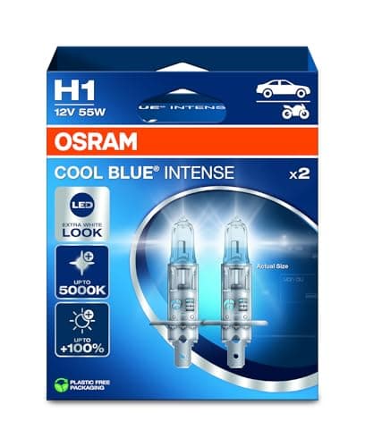 Image of OSRAM COOL BLUE® INTENSE H1, +100% more brightness, up to 5,000K, halogen headlight lamp, LED look, Hanging folding box (2 lamps)