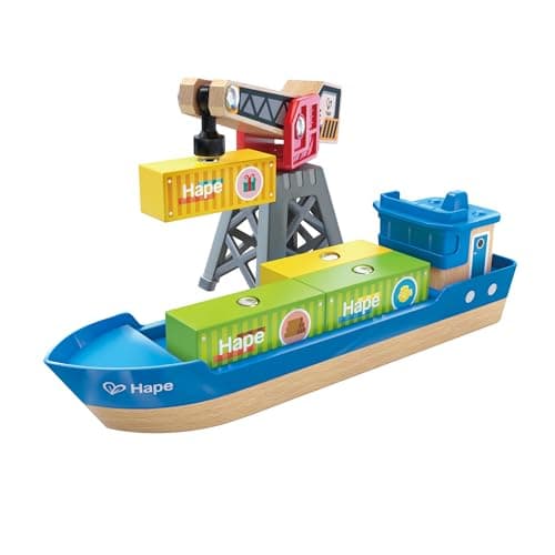 Image of Hape Cargo Ship & Magnetic Crane Playset, 4 Cargo Blocks, Ages 3+, Compatible with Railway Sets