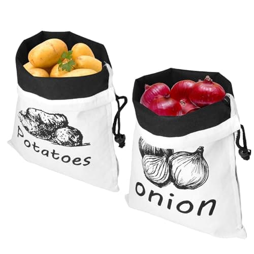Image of 2Pcs Produce Storage Bag Reusable Cotton Linen Drawstring Bag Washable Potato and Onion Storage Bags with Side Zipper Hessian Vegetable Storage Bags (A)
