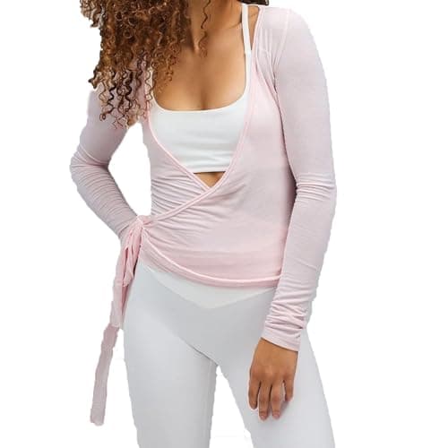 Image of RUIWANBBY Women Deep V-Neck Long Sleeve Cross Wrap Top Sexy Slim Fit Casual Cropped Top Yoga Gym Bandage Workout Tie T Shirts (B-Pink, S)