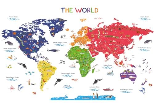 Image of DECOWALL SG2-115 Large Educational World Map Wall Stickers Removable Colorful Decals for Kids Nursery Living Room Bedroom Art Home Decor Murals Decorations