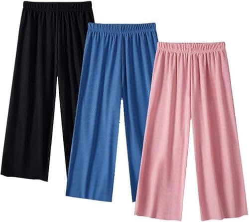 Image of AOOPOO 3 Pack Girls Summer Wide Leg Trousers Children's Culotte Girls Elastic Casual Lightweight Breathable Thin Jogging Bottoms Loose Long Trousers 2-13 Years