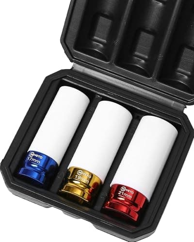 Image of 1/2-Inch Drive Impact Socket Set, Thin Wall 6 Point Lug Nut Socket, 3 Pieces Set, Metric, CR-Mo Steel with 360° Non-Scratch Nylon Sleeve, 17mm, 19mm, 21mm