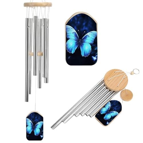 Image of Blue Butterfly Memorial Wind Chimes for Loss of Loved One/Pet 20.5" Sympathy Wind Chime with 6 Silver Aluminum Tubes & Deep Tones, Bereavement Gifts for Funeral, Outdoor Remembrance Chimes