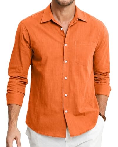 Image of HISDERN Men's Long Sleeve Shirts Linen Cotton Shirt Lightweight Shirt Regular Fit Button Solid Casual Summer Shirts with Pocket Orange M