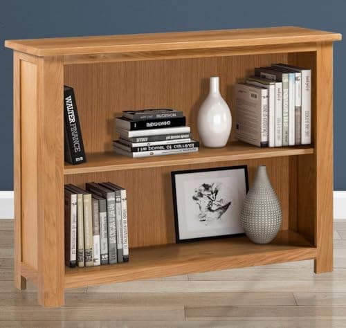 Image of Hallowood Furniture Waverly Oak Wide Bookcase with 1 Adjustable Shelf, Wooden Low Bookshelf, Solid Oak Shelf Unit for Bedroom, Home Office and Living Room Bookcases, Fully Assembled