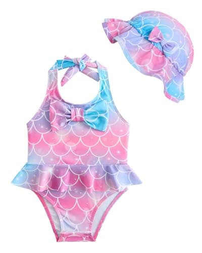 Image of JiAmy Toddler Newborn Baby Girl Swim Set with Cute Hat Sleeveless One Piece Swimsuit Bowknot Summer Swimwear Bathing Suit 12-18 Months,Pink Purple-Mermaid