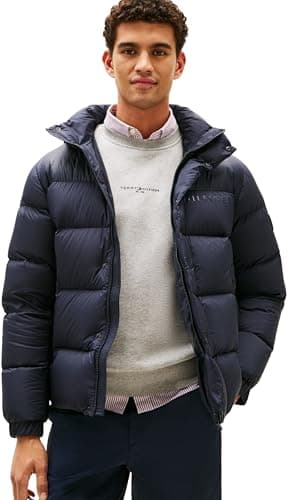 Image of Tommy Hilfiger Men’s Mix Down Puffer Jacket with Hood, Blue (Desert Sky), XXL