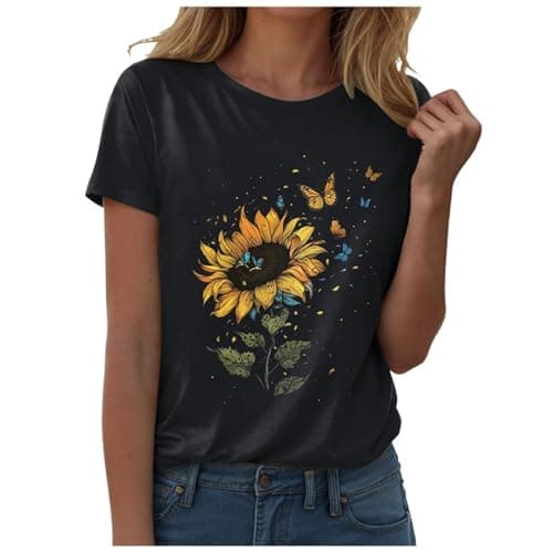 Image of Xbemkste T Shirts for Women Sunflower Vintage Flower Graphic Tees Shirts Inspirational Casual Tops Cotton for Women UK (Black, XL)