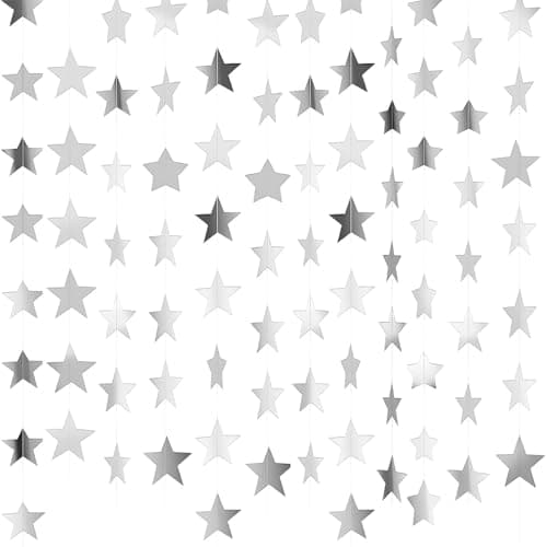 Image of 26 Feet Reflective Star Paper Garland - Sparkling Star Bunting Banner Hanging Decoration,Sparkling Bunting Banner - for Birthday Holiday Wedding Anniversary Theme Party Supplies (silver)
