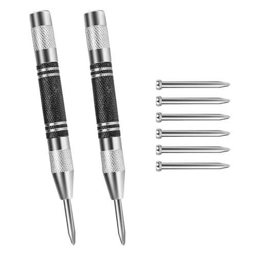 Image of GIONAR 2 Pack Center Punch, Automatic Centre Punch with 6 Replacement Tips, Spring Loaded Centre Punch, High-Speed Steel Material, for Glass Wood Thin Steel Sheets