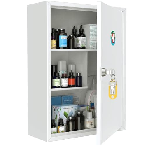 Image of Uniclife Wall Mount Medicine Cabinet with Key Lock, Locking First Aid Cabinet, Lockable Medical Cabinet, Large Capacity Medicine Organizer, Secure Steel Wall Cabinet Metal Storage Box, White