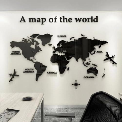 Image of Shuanghao Wall Stickers Murals Background Poster Decoration Mirror Fashion Art Creative Acrylic 3D World Map Mundi for Office Study Living BedRooms Home Large Murals Wall Decals Stickers Black180*100