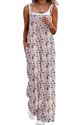 Image of QIXING Dungarees for Women UK Summer Boho Casual Loose Wide Leg Jumpsuits Sleeveless Ladies Playsuits with Pockets(White Primrose, M)