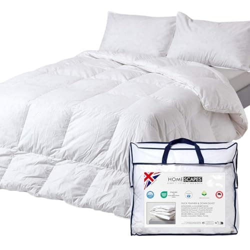 Image of HOMESCAPES Double Duvet 13.5 Tog, Luxury Ethical Duck Feather & Down Quilt, Anti Allergy 100% Cotton Cover Down-Proof Winter Bed Duvets, Washable, RDS & OEKO-TEX Certified